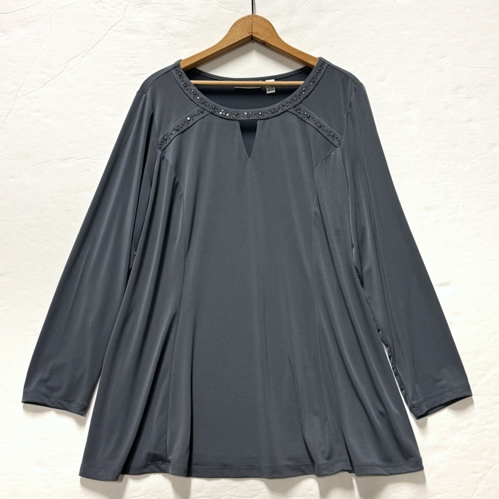 Susan Graver Liquid Knit Tunic Top 1X Gray Rhinestones Stretch Long Sleeve